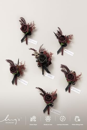 Ling's moment Wedding Artificial Flowers Package, Bridal Bouquet, Bridesmaid Bouquets, Boutonniere for Men, Rose Petals.Black Baccara Red - color: Red-black Baccara & Red