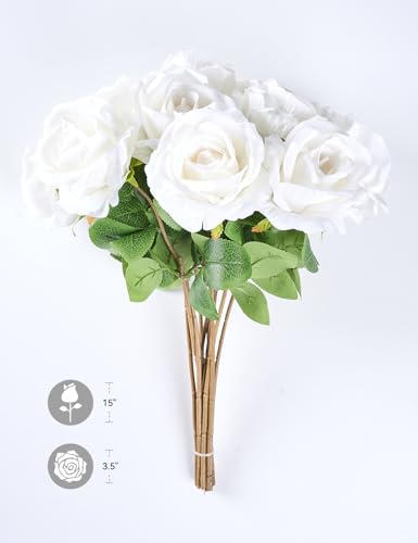 PONKING 3.5"(9cm) Rose Artificial Flower 12pcs Realistic Faux Silk Roses Fake Flowers Bouquets Arrangements Decor for Wedding Mother's Day, Home Table Christmas Valentine Decorations, White Flower - color: D 12pcs White Rose