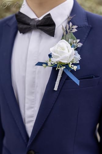 Fnize Blue Boutonniere for Men, 6 Pcs Groom Groomsmen Boutonnieres, Artificial Flowers for Wedding Prom Homecoming - color: Blue