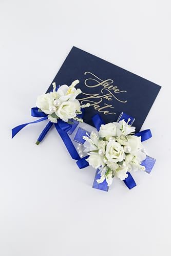 Royal Blue Rose Corsage and Boutonniere Set, Prom Flower Wrist Corsage Wristlet Band Bracelet, Boutonniere for Men White Wedding Flowers Accessories Prom Suit Decorations - color: Royal Blue