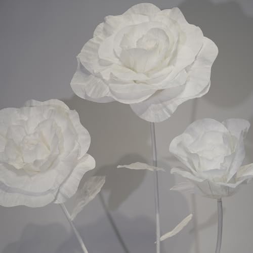 Oversized White Roses Giant Artificial Flowers for Decoration with Stand,Large Paper Rose Sculpture for Wedding,Party,Retail Window Display,Photo Prop,Commercial & Event Decor - color: White