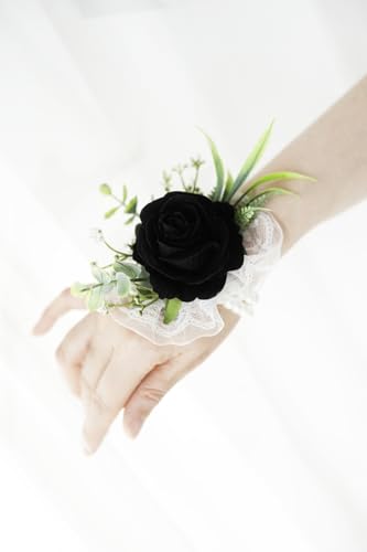 Ansofi Black Corsage and Boutonniere Set Artificial Rose Flower Wrist Corsage and Boutineers for Groom Groomsmen Bride Bridesmaids Prom Rustic Vintage Wedding Decor - color: Black