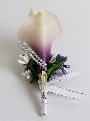 White Purple Calla Lily Boutonniere for Men Wedding with Pins, Artificial Flower Groom Groomsman Boutonniere for Wedding Prom Party Homecoming Ceremony Anniversary Suit Decor (1, White Purple) - color: White Purple