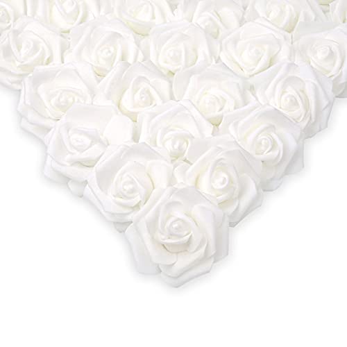 IPOPU 100 Pcs Artificial Rose Flower Heads Real Looking White Foam Fake Roses for DIY Wedding Baby Shower Centerpieces Arrangements Party Tables Home Decorations (White 1, Stemless) - color: White 100pcs