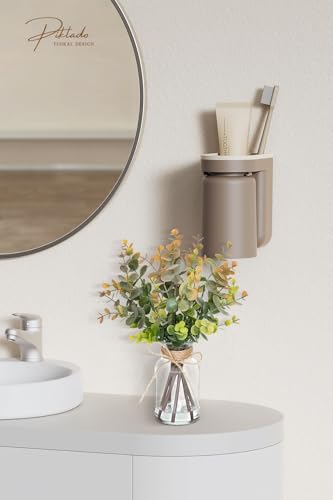 Artificial Eucalyptus Stems in Vase with Faux Water,Fake Plants for Bathroom,Coffee Table,Green Leaves for Centerpiece,Faux Greenery Plants Decorations.(Eucalyptus-Greyish Orange) - color: Eucalyptus-greyish Orange
