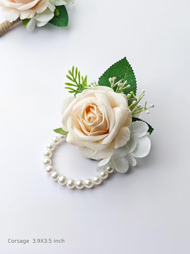 Champagne Rose Corsage and Boutonniere Set Wristlet Corsage for Bride Bridesmaids, Boutonniere for Groom Groomsmen Prom Wedding Flowers Accessories,Homecoming, Anniversary, Graduation (Champagne) - color: Champagne
