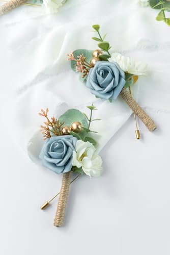 Boutonniere for Men Wedding, Groom Groomsman Artificial Rose Flowers for Wedding Anniversary Celebration,Prom,Party,Home Decoration Set of 2 (Dusty Blue) - color: Dusty Blue