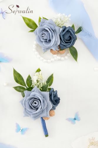 Serwalin Blue Rose Corsage and Boutonniere Set, 2Pcs Dusty Blue Boutonniere and Wrist Corsage Wristband Prom Flower for Wedding Flowers Accessories Prom Suit Decorations - color: Dusty Blue, size: 1 Boutonniere & 1 Wrist Corsage - 2pcs