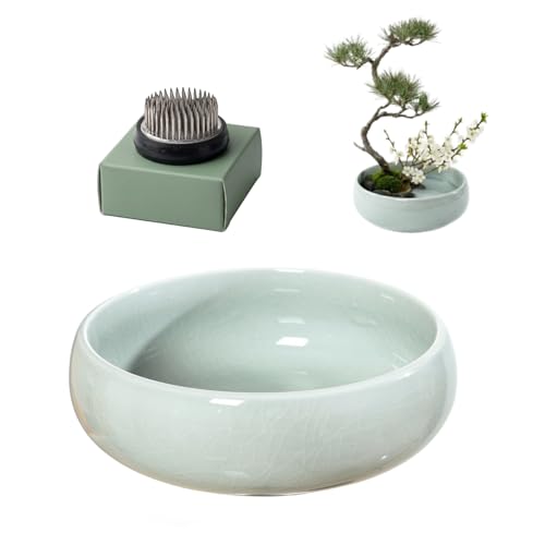 Water Lotus Bowl Planter Kit - Japanese Compote Bowl Ikebana Vase Set w/ 1.8" Floral Frog- Ideal for Ikebana, Flower Arrangement & Hydroponic Planting (Ice Crackle Celadon) - color: Crackle Celadon