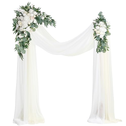 Floroom Arch Flowers with Drapes Kit (Pack of 4) - 2pcs Artificial Ivory & White Floral Swag Arrangement with 2pcs Draping Fabric for Wedding Ceremony Arbor and Reception Backdrop Decoration - color: Ivory Greenery