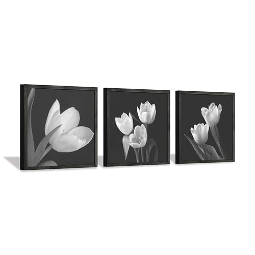 Hardy Gallery Floral Wall Decor Artwork - Black and White Tulip Canvas Set for Living Room Bedroom 16"x16"x3panels - color: Black and white picture, size: 16'' x 16'' x 3 Panels
