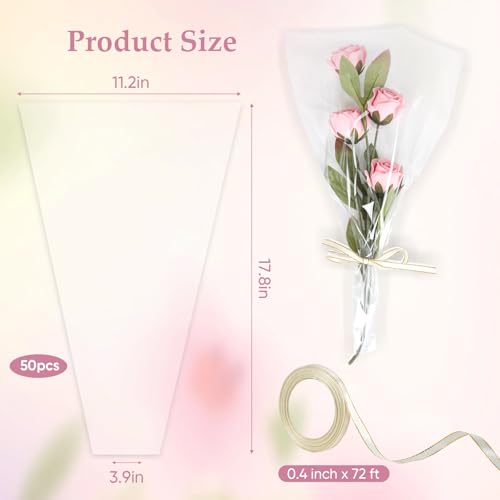 Wzifyf 50 PACK Flower Bags for Bouquets Flower Bouquet Holders Clear Floral Wrapping Paper flower Sleeves Build Your Own Bouquet Bar with 72 Ft Ribbons for Valentine's Day Packaging - color: Clear, size: bouquet wrap
