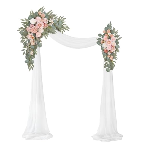 Artificial Wedding Arch Flowers Kit(Pack of 3),2Pcs Artificial Flower Arch Decor,1Pcs Sheer Drape for Wedding Ceremony Arbor for WeddingCeremony (Romantic Pink) - color: Romantic Pink