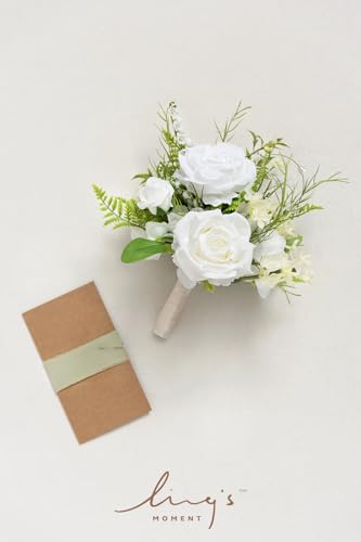 Ling's moment Lily White Artificial Wedding Flower Bouquets for Bridesmaids Floral Bouquet 7 Inch Bridesmaid Bouquets with Ribbon Ceremony Anniversary,7-inch Diameter - color: Wht-lily of the Valley White