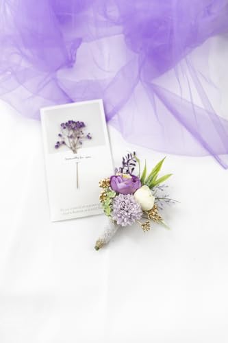 Ansofi Lilac Purple Corsage and Boutonniere Set Artificial Rose Flower Wrist Corsage and Boutineers for Groom Groomsmen Bride Bridesmaids Prom Rustic Vintage Wedding Decor - color: Lilac Purple