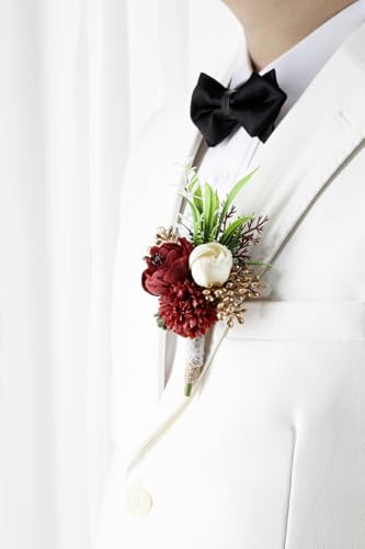 Ansofi Burgundy Wine Red Corsage and Boutonniere Set Artificial Rose Flower Wrist Corsage and Boutineers for Groom Groomsmen Bride Bridesmaids Prom Rustic Vintage Wedding Decor - color: Burgundy Wine Red