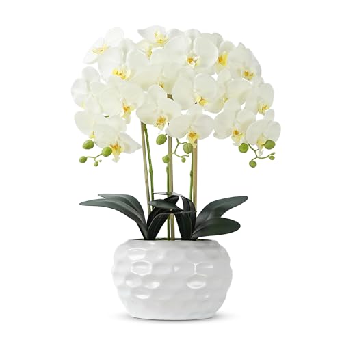 Orchid Artificial Flowers with White Vase Large Silk Faux Phalaenopsis Flowers for Dining Room Table Floral Centerpieces Indoor Decoration,White - color: 1332-white