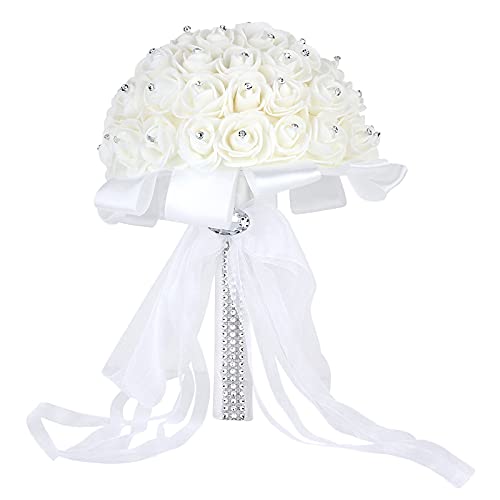 Wedding Bridal Bouquet, Handmade Crystal Ribbon Rhinestone Wedding Bridesmaid Bouquet, Bridal Artificial Rose Flowers for Ceremony Church Decoration (White-Crystal) - color: White-crystal