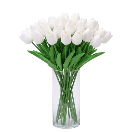 20pcs White Tulips Artificial Flowers Flores Artificiales para Decoracion,Real Touch Fake Tulips for Mother's Day Thanksgiving Easter and Christmas Decorations Wedding Office Home Decor
