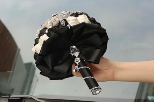 Handmade Luxury Wedding Bridal Bouquet Large Silk Rose Holding Toss Artificial Flowers Bouquets with Satin Ribbon Pearls Rhinestone for Bride Vintage Royal Wedding Bouquet (Black+Ivory) - color: Black+ivory