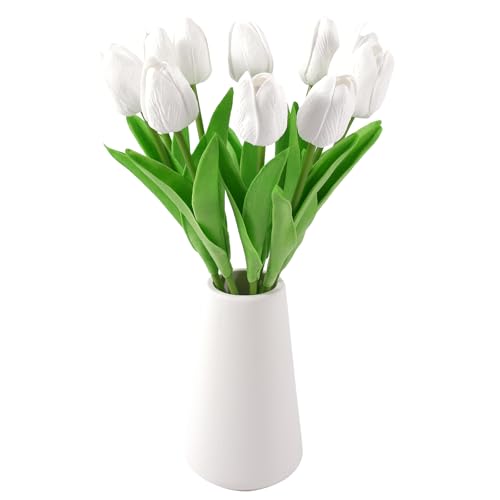 Real-Touch Artificial Tulips with Ceramic Vase, 10 Stems Faux Floral Arrangement, Spring Table Centerpiece, Modern Farmhouse Home Decor (White+vase) - color: White+vase