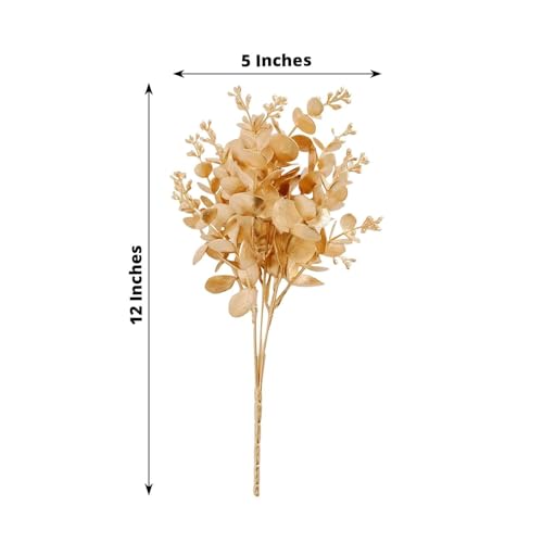 Efavormart 4 Pack 12 inch Metallic Gold Artificial Eucalyptus Leaves Bushes, Faux Spray Plant Vase Fillers for Small Vessels and Intimate Table Settings - color: Type19