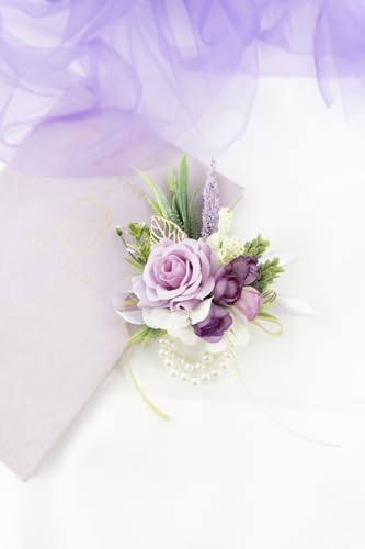 2 Pcs Wrist Corsage and Boutonniere Set, Lavender Purple Corsage for Wedding, Boutonniere for Men Artificial Rose Flower Wristlet Bracelet Prom Ceremony Anniversary Accessories Decor Suit - color: Lavender Purple