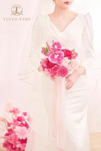 TINGE TIME 9 Inch Artificial Bridal Bouquet, Cascading Wedding Bouquet for Wedding Ceremony and Anniversary (Hot Pink) - color: Hot Pink