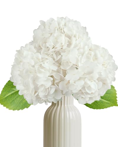 3Pcs Real Touch White Hydrangea Artificial Flowers - 16.7" 3D Latex Creamy White Faux Hydrangeas with 7.1" Large Head for Wedding Centerpieces, Vase Decor - color: White
