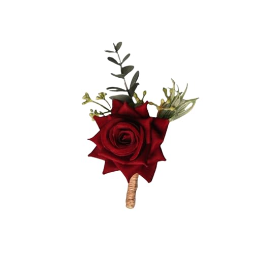 Wine Red Boutonniere for Wedding Party Homecoming Ceremony Anniversary Burgundy Artificial Flowers Boutonniere for Best Men Groom Groomsmen - color: Burgundy Boutonniere