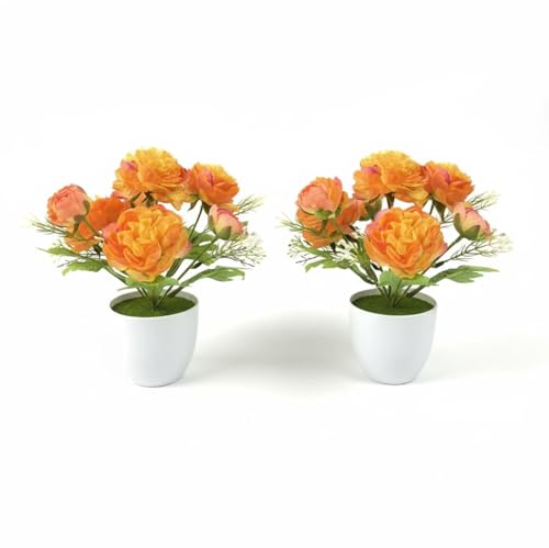 2 Packs Small Fake Potted Flowers for Home Indoor Decor, Orange Artificial Ranunculus Flowers for Wedding Office Dinning Living Room Bathroom Coffee Table Decor - color: Orange