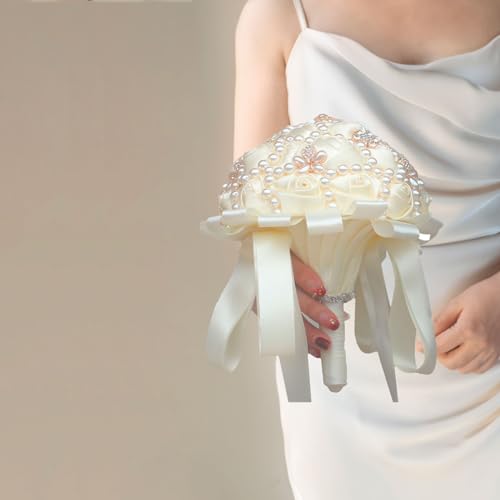 USIX Handcraft Popular Satin Rose Rhinestone Brooch Flower Pearl Bridal Holding Wedding Bouquet Wedding Flower Arrangements Bridesmaid Bouquet(Ivory) - color: Ivory