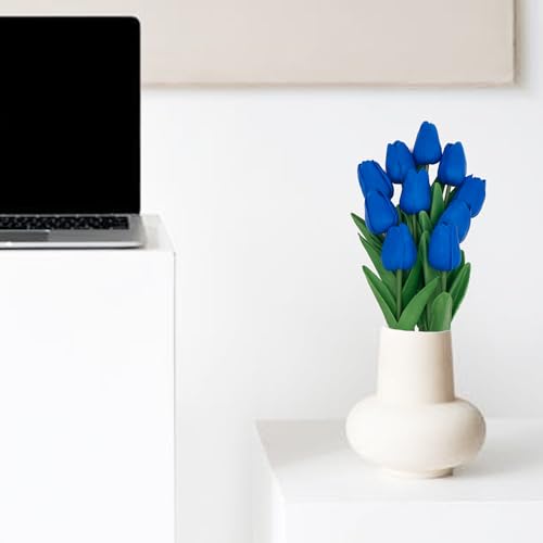 Blue Flowers Fake Tulips Artificial Flowers, 13 Inch Real Touch PU Flowers for Decoration, 10 Pcs Tulip Flowers Bouquet for Vase, Mother's Day Easter Valentines Gifts - color: Blue