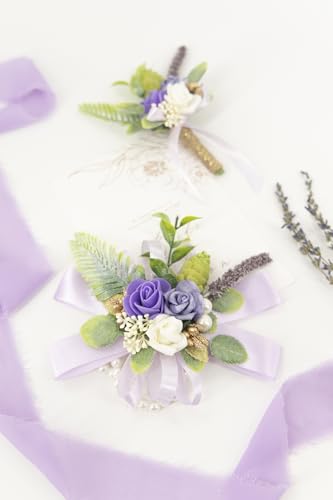 Purple Corsage and Boutonniere Set Wrist Corsage Wristlet for Prom Groom Flower Boutonniere for Men Wedding Party Homecoming Accessories Suit - color: Purple