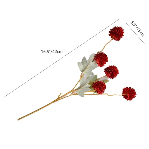 Mandy's 6 Stems Silk Red Kiku Ball Flowers | Artificial Chrysanthemum Stems for Home Summer Décor Realistic Faux Floral Arrangement Minimalist Elegant Style - color: Red