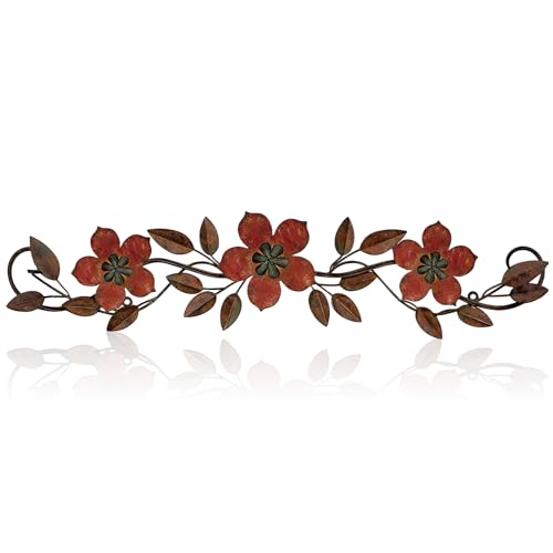Wesiti Metal Flower Wall Decor Vintage Metal Flower Wrought Iron Scroll Sculpture 15.7''x3.7'' Not 3D, Flat Farmhouse Leaf Wall Decor with Nails for Summer Bedroom Kitchen Indoor Outdoor(Red) - color: Red