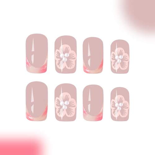 French Tip Press on Nails Square Short Fake Nails Full Cover Cherry Blossoms Nails with Pearl Design Cute Glue on Nails Nude Pink Artificial False Nails Flower Acrylic Nails for Women Girls 24Pcs