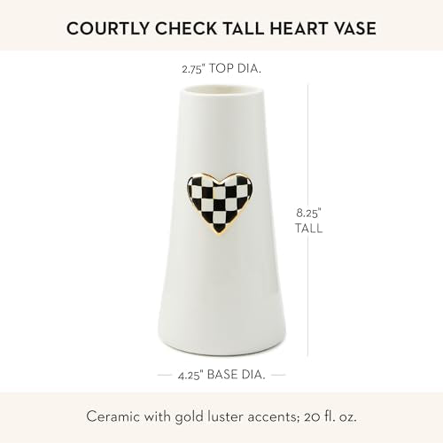 MACKENZIE-CHILDS Ceramic Heart Vase, Unique Decorative Vase, Tall, Black-and-White Courtly Check - size: Tall