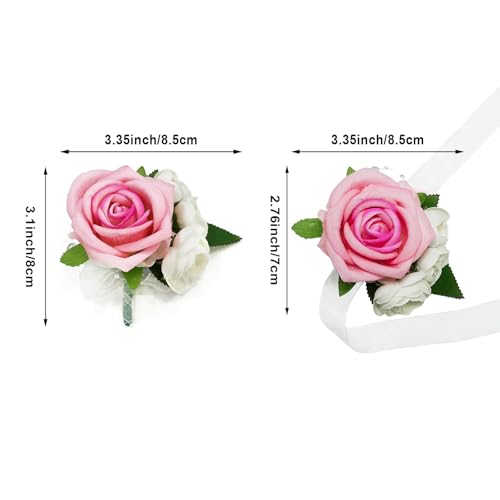 Wrist Corsage and Boutonniere Set, Artificial Rose Corsage Wristlet and Boutonniere for Wedding Prom Party (Pink, 2 Boutonniere&2 Wrist Corsage) - color: Pink, 2 Boutonniere&2 Wrist Corsage
