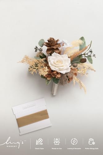 Ling's moment Brown Artificial Wedding Flower Bouquets for Bridesmaids Boho Floral Bouquet Bridesmaids Bouquets with Ribbon Ceremony Anniversary,7-inch Diameter - color: Brn-beige Brown