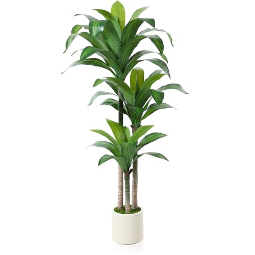Artificial Dracaena Tree 5ft, Tall Fake Dracaena Plants with White Planter, Faux Dragon Tree Indoor Floor Plant for Home Decor Office Living Room Porch Housewarming, 1Pcs - size: 5ft