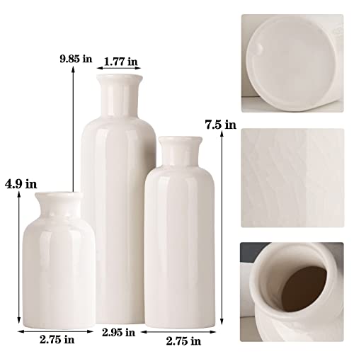 White Ceramic Vase Set - 3 White Small Vases, Farmhouse Country Flower Vase Home Decor, Living Room Decoration, Table Decoration, Fireplace Decor, and Entrance Decorations Centerpieces - color: Crack White