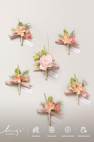 Ling's moment Wedding Artificial Flowers Package, Bridal Bouquet, Bridesmaid Bouquets, Boutonniere for Men, Rose Petals.Peach Smoothie Blush - color: Pk-peach Smoothie & Blush