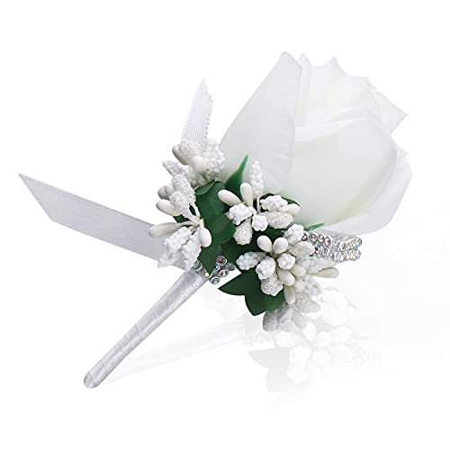 White Wedding Rose Boutonniere with Pins for Men Wedding Best Man Groomsmen Corsage Groom Boutonnieres for Ceremony Party Prom (Boutonniere- White, 6 Packs) - color: Boutonniere- White, size: 6 Packs