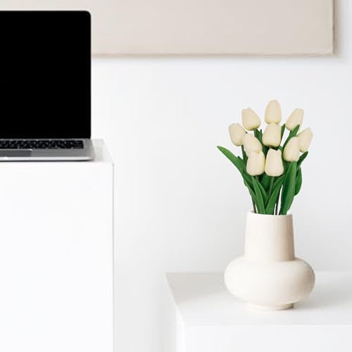10 Pcs Faux Tulips Artificial Flowers with Stems, 13 Inch Artificial Tulips Flower Realistic for Wedding Bouquet, Table Centerpiece, Birthday Party (Milk White) - color: Milk White