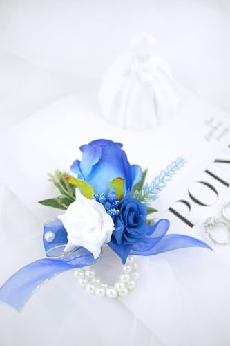 Royal Blue Corsage and Boutonniere Set for Wedding Prom, Artificial Rose Flower Homecoming Corsage Wristlet, Boutonniere for Men Wedding Suit Decor - color: Royal Blue