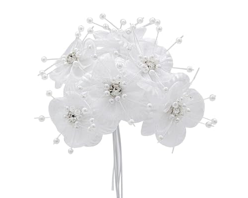 72PC Artificial Organza Flower Rhinestone Pick for Home Craft Decor DIY Wedding Bridal Veil Headband Dress Cake Topper Embellishment Scrapbook Favor Corsage Floral Bouquet Arrangement (White) - color: White