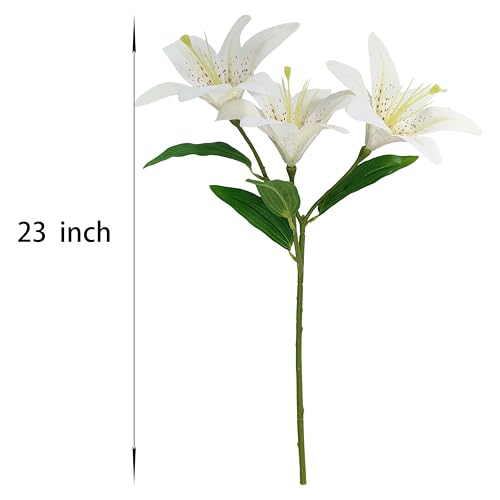 Ivory White Lilies Artificial Flowers,6 Pcs Faux Lily Flowers,23 Inch Long Stem Tiger Lily Branch with 3 Full Blooms and 4 Leaves, Latex Real Touch Lilium Flower for Wedding Bouquet - color: Ivory