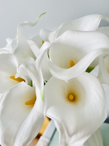 18pcs Real Touch Artificial Calla Lily Flowers for Decoration, Outdoor Wedding Bouquets, Lifelike Faux Flowers for Home, Garden, Party, and Event Decor (White&Green) - color: White&green