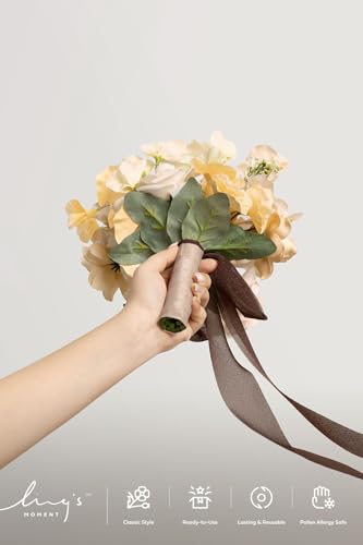 Ling's moment Artificial Cream Bridesmaid Bouquets Set of 6,Yellow Wedding Flower Bouquets Brown Floral Bouquet Bridal Bouquets with Ribbon Ceremony Anniversary,7-inch Diameter - color: Brn-soft Peach & Brown